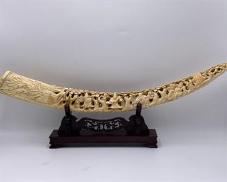 Chinese Hand Carved Bone Scene with Dragon on Wooden Base