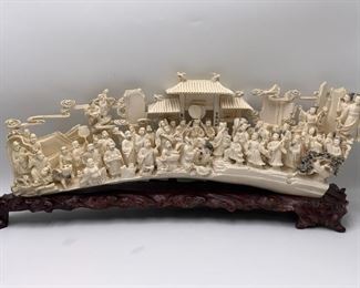 Chinese Hand Carved Bone Sculpture on Wooden Base