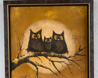 Oil on Canvas Mid-Century "Owls" Painting by Gassot