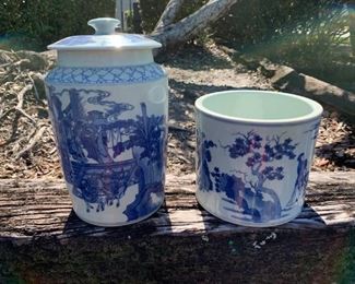Pair of Chinese Blue & White Porcelain Jar & Brush Pot