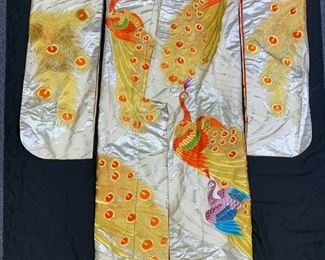 Traditional Japanese Golden Kimono with Peacock