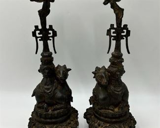 Pair of Chinese Bronze Figural Candle Holders