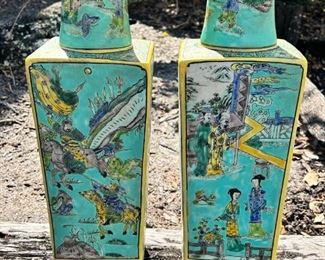 Large Pair of Chinese Wucai Porcelain Vases