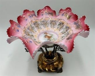 Antique Victorian Hand Painted Art Glass with Compote Stand