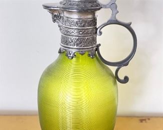 Green Glass & Pewter Pitcher. 