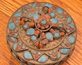 Vintage Turquoise & Coral Adorned Brass Lidded Jar. 