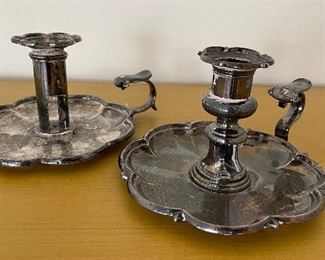 Pair of Silverplate Candleholders with Finger Loop. 