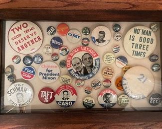 Shadow Box of Vintage Campaign Buttons Including Ford, Nixon, Taft & Roosevelt. 