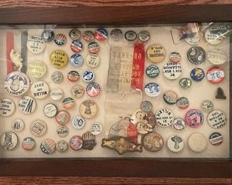 Shadow Box of Vintage Campaign Buttons Including Roosevelt & Wallace, LBJ & Wilkie. 