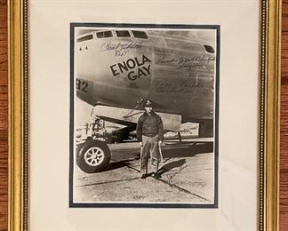 Autographed Enola Gay Photograph. Signatures include Lieutenant Jacob Beser, Pilot Paul Tibbets, Bombardier Thomas Ferebee & Navigator Theodore J. "Dutch" Van Kirk. Measures 8" x 10". Photo 1 of 2. 