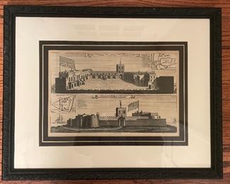 Framed Antique Etching of the East & North-West Plan of Corfe Castle. Measures 22” W x 18” D.