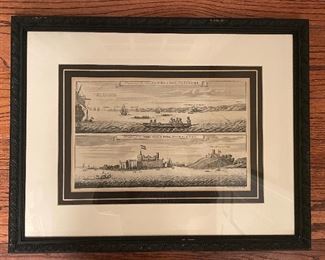 Framed Antique Etching of Georges Castle at Elmina. Measures 22” W x 18” D.
