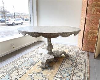 Rustic Weathered Oak Pedestal Occasional / Dining Table with Scallop Trim. Measures 54" D x 29" H with 26" Clearance. Photo 4 of 4. 