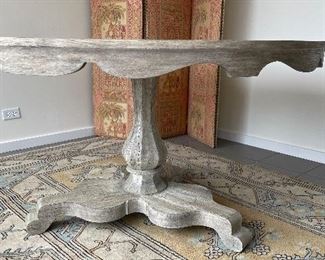 Rustic Weathered Oak Pedestal Occasional / Dining Table with Scallop Trim. Measures 54" D x 29" H with 26" Clearance. Photo 3 of 4. 