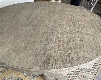 Rustic Weathered Oak Pedestal Occasional / Dining Table with Scallop Trim. Measures 54" D x 29" H with 26" Clearance. Photo 2 of 4. 