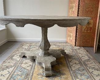 Rustic Weathered Oak Pedestal Occasional / Dining Table with Scallop Trim. Measures 54" D x 29" H with 26" Clearance. Photo 1 of 4. 