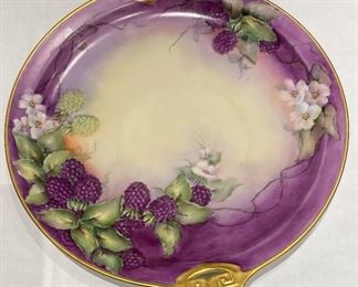 M & Z Austria Purple Fruit Platter with Gold Rim & Handles. Measures 10” D. 