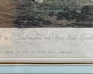 Antique Hand-Colored Etching of The Earl Of Darlington & His Fox Hounds. Measures 24" x 20" Unframed. Photo 2 of 4. 