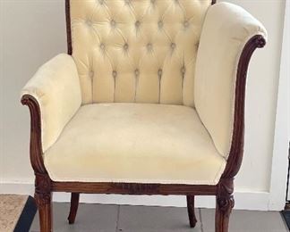 Pair of Antique Aysmmetrical French Tufted Back Chairs.  Each Measures 23" W x 20" D x 44" H. Need Cleaning.  Photo 2 of 6.