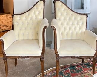 Pair of Antique Aysmmetrical French Tufted Back Chairs.  Each Measures 23" W x 20" D x 44" H. Need Cleaning.  Photo 1 of 6.