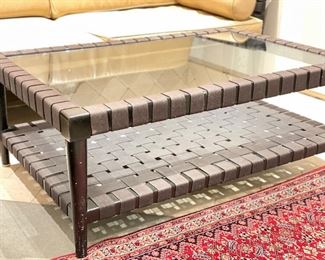 (SEE NEXT PHOTO FOR TRUE COLOR) Vincent Wolf for Niedermaier Chocolate Brown Woven Mesh Glass-Top Cocktail Table. Measures 45" x 30" x 17.5" H. Photo 1 of 2. 