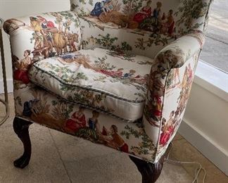 Antique Claw-Foot Chair Upholstered in English Countryside Toile Scene. Measures 27.5" W x 24" D x 32" H. Photo 1 of 3.