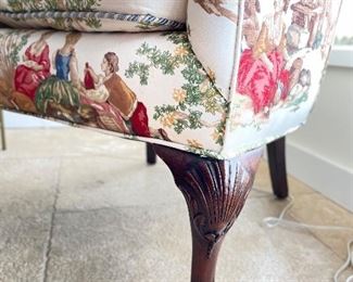 Antique Claw-Foot Chair Upholstered in English Countryside Toile  Scene. Measures 27.5" W x 24" D x 32" H. Photo 2 of 3.
