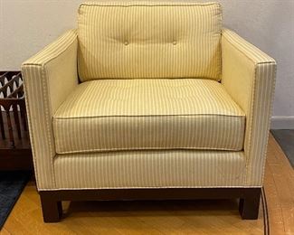 Williams-Sonoma Home Laguna-Style Arm Chair Custom Upholstered in Yellow Stripe Fabric. Measures 34” W x 35” D. Photo 1 of 3.  