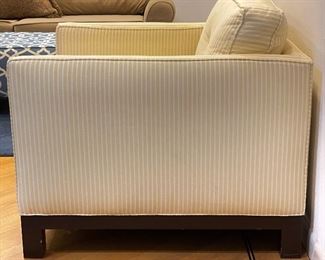 Williams-Sonoma Home Laguna-Style Arm Chair Custom Upholstered in Yellow Stripe Fabric. Measures 34” W x 35” D. Photo 3 of 3.  