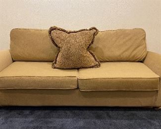 Camel Velour Modern Two-Cushion Sofa. Measures 84"  W x 33" D x 33" H. Photo 1 of 2.