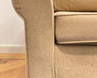 Camel Velour Modern Two-Cushion Sofa. Measures 84"  W x 33" D x 33" H. Photo 2 of 2.