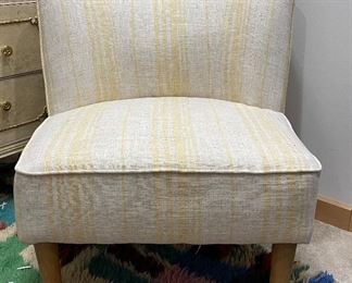 Yellow & White Stripe Upholstered Slipper Chair. Measures  27" W x 23" D x 29" H. 