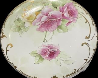 Large Gold Rim Floral Platter. Measures 12.5” D. 