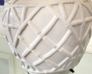 White Faux Bamboo Lattice Ceramic Table Lamp. Measures 23" H. Photo 2 of 2.