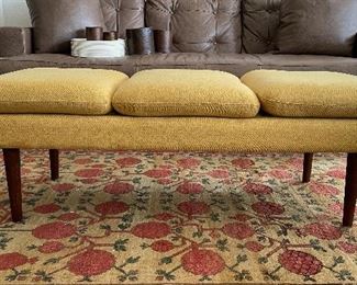 Yellow Uphostered Mid-Century Style Bench. Measures 52” W x 23” D x 18” H. Photo 1 of 2. 