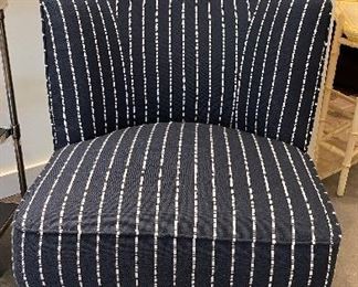  Blue & White Stripe Upholstered Slipper Chair. Measures  27" W x 23" D x 29" H