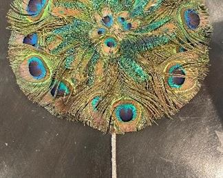 Vintage Art Deco Round Double Sided Peacock Feather Fan.