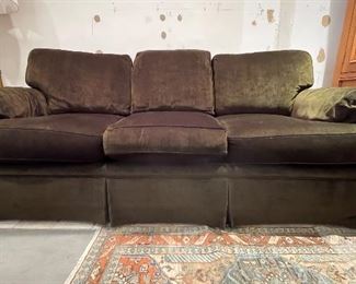 (COLOR IS OFF DUE TO LIGHTING IN SPACE) Drexel Heritage Down Filled Chocolate Brown Velvet Sofa. Measures 82" W x 38" D. Photo 1 of 2. 