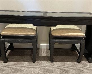 Ebony Asian-Style Console with Matching Upholstered Benches. Measures 56" W x 16" D x 26" H; Stools: 17" x 15" x 18.5". Photo 1 of 5. 