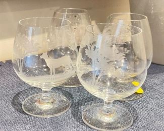 Set of 4 Etched Glass Cognac Glasses. 