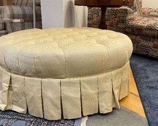 Ethan Allen Yellow Check Upholstered Ottoman. Needs Cleaning.  Measures 36" D. Photo 1 of 2. 