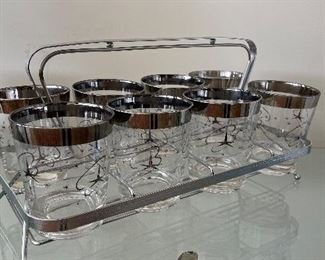 Set of 8 Mid-Century Italian Double Old Fashion Glasses with Chrome Caddy. 