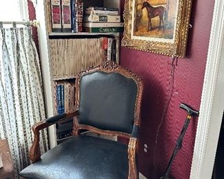 Louis XV Style Leather Chair, carved walnut