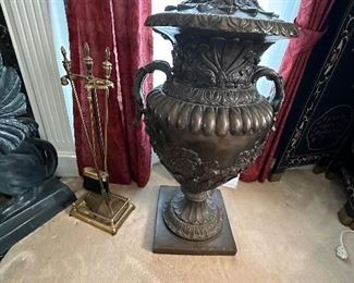 Large Bronze Vase/Urn with Removable Lid, Fireplace Brass Tool Set