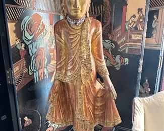Intricate Standing Buddha Statue, Behind - Ornate Oriental Room Divider