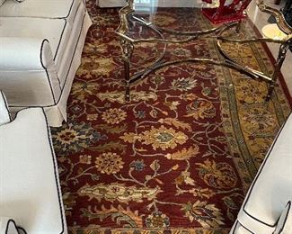 Gorgeous Room Size Wool Area Rug 13’5”x 9’13”, LaBarge Glass Top Brass Coffee Table, Custom Slipcovered Furniture