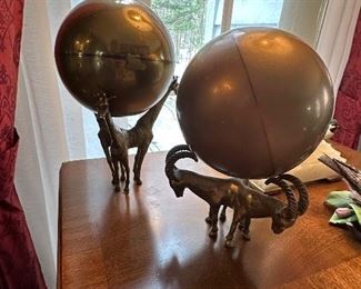 Vintage Brass Ball Art with Animal Base Supports