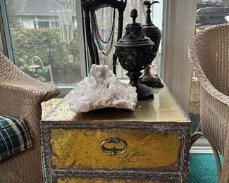 Vintage Sarried Brass Chest/Trunk, Natural Quartz, Decorative Urns, Glass Vase with Metal Stand
