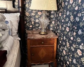 Antique Marble-Top Side Table with Marble Lined Interior, Crystal Lamp