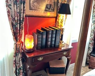 Queen Anne Style Console Table, Storage Baskets, Faux Book Boxes for Secret Storage, Himalayan Salt Lamp, Candlestick Table Lamp, Unique Etching by Luigi Rossini